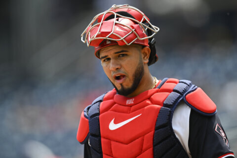 Nationals catcher Keibert Ruiz leaves game after getting hit on head by teammate’s foul ball