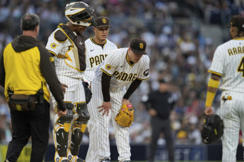 Padres rookie righty Bergert knocked out of game by line drive off his pitching elbow