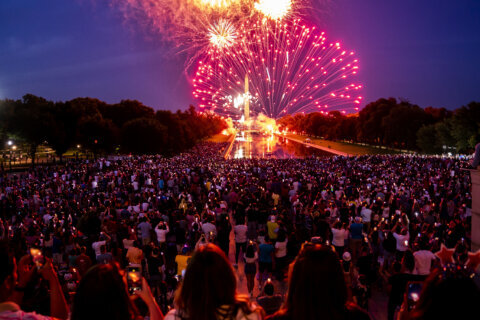 Spectators watch as fireworks erupt over the Washington Monument on July 4, 2022 in Washington, DC. Crowds lined the National Mall to watch the capitals annual fireworks show celebrating Independence Day.